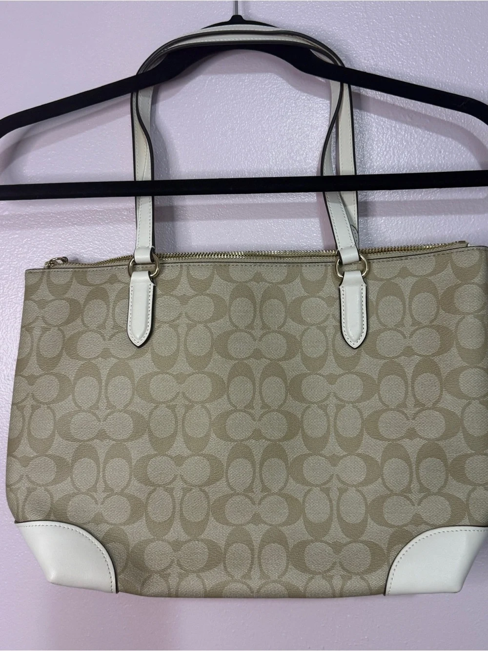 Authentic Coach Signature Jaquard Canvas Tote Khaki with Chalk Trim